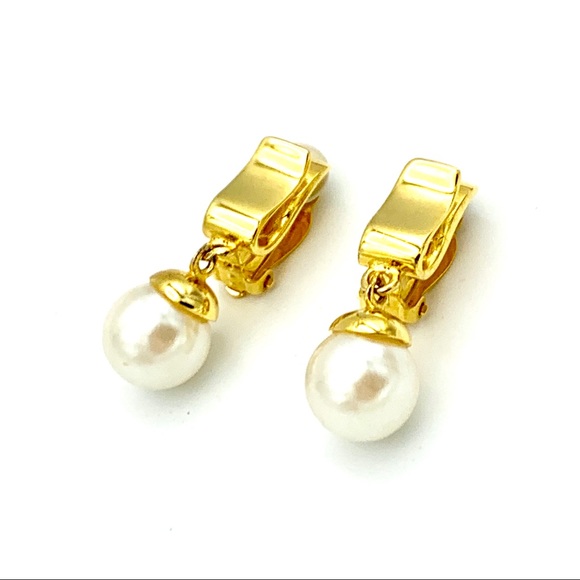 Anne Klein Gold Tone Faux Pearl Clip Earrings - Picture 5 of 7